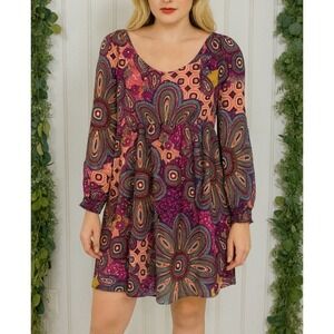 Red Camel Paisley Mini Dress XS Cold Shoulder Long Sleeve Boho Hippie Festival